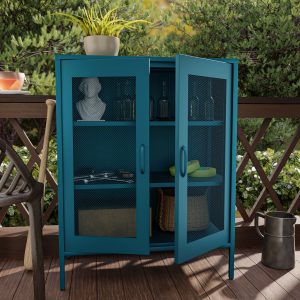 Blue Metal Cabinet, Metal Locker Storage Cabinet With Mesh Doors And Shelves, 3-Tier Office Cabinet, Metal Storage Cabinet, Liquor Cabinet, Sideboard For Home Office, Kitchen, Coffee Bar