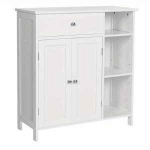 Bathroom Floor, Freestanding Storage Cabinet with Drawer, 3 Open Compartments, Adjustable Shelves, 11.8 x 29.5 x 31.5 Inches