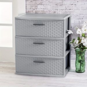 3 Drawer Wide Woven Pattern Storage Cabinet, Beautiful Design, Easy to Clean, Suitable for Home, Living Room, Bedroom, Kitchen, Bathroom, Office and Other Places to Store Items