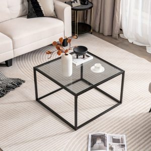 MULTIGOT Glass Coffee Table, 27.5 Inch/70 CM Modern Square Coffee Table with Metal Frame, Minimalist Center Table Cocktail Table for Living Room, Home, Office, Small Space, Easy Assembly