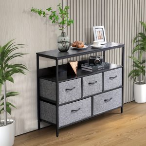 Wide Wooden Accent Cabinet With Wood Top And 5 Fabric Drawers