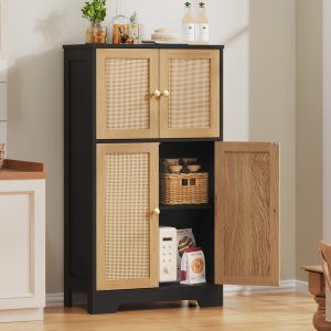 1 PC Storage Cabinet, Rattan Cabinet With 4 Rattan Doors & Adjustable Shelf, Bathroom Floor Cabinet For Living Room, Entryway, Home Office