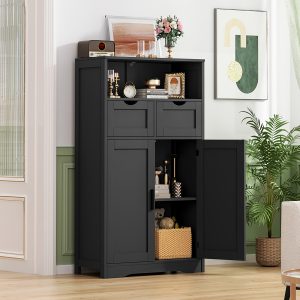 1 PC Storage Cabinet With 2 Drawers & 2 Adjustable Shelves, Bathroom Cabinet With Doors, Cupboard, Floor Cabinet For Living Room, Home Office