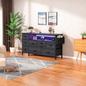 Black Dresser with Drawers, LED Lights, and USB Port Storage Cabinet