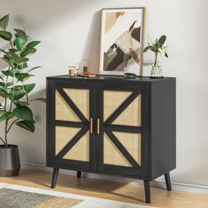 Farmhouse Sideboard Buffet Kitchen Storage Cabinet with Rattan Doors Sideboard Buffet Cabinet with Storage Accent Cabinet with Adjustable Shelves Cupboard Console Table for Dining Entryway