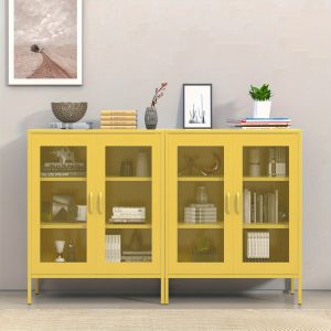 Yellow Metal Cabinet, Metal Locker Storage Cabinet with Mesh Doors and Shelves, 3-Tier Office Cabinet, Metal Storage Cabinet, Liquor Cabinet, Sideboard for Home Office, Kitchen, Coffee Bar