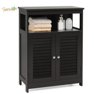 SAFSTAR Bathroom Storage Cabinet Wood Floor Cabinet w/ Double Shutter Door Black