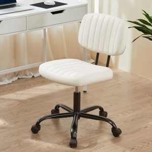 Small Office Chair, PU Leather Computer Desk Chair with Wheels and Lumbar Support, Comfy Cute Armless Vanity Rolling Swivel Task Chair No Arms for home office study