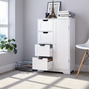 FULTRU Bathroom Floor Cabinet, Freestanding Storage Cabinet With 4 Drawers & 1 Cupboard, Adjustable Shelf For Bathroom Entryway Living Room, White