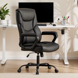 OLIXIS Office Chair - Mid Back Leather Computer Desk Chair with Wheels, Ergonomic Executive Swivel Chair with Lumbar Support, Armrest for Home Office